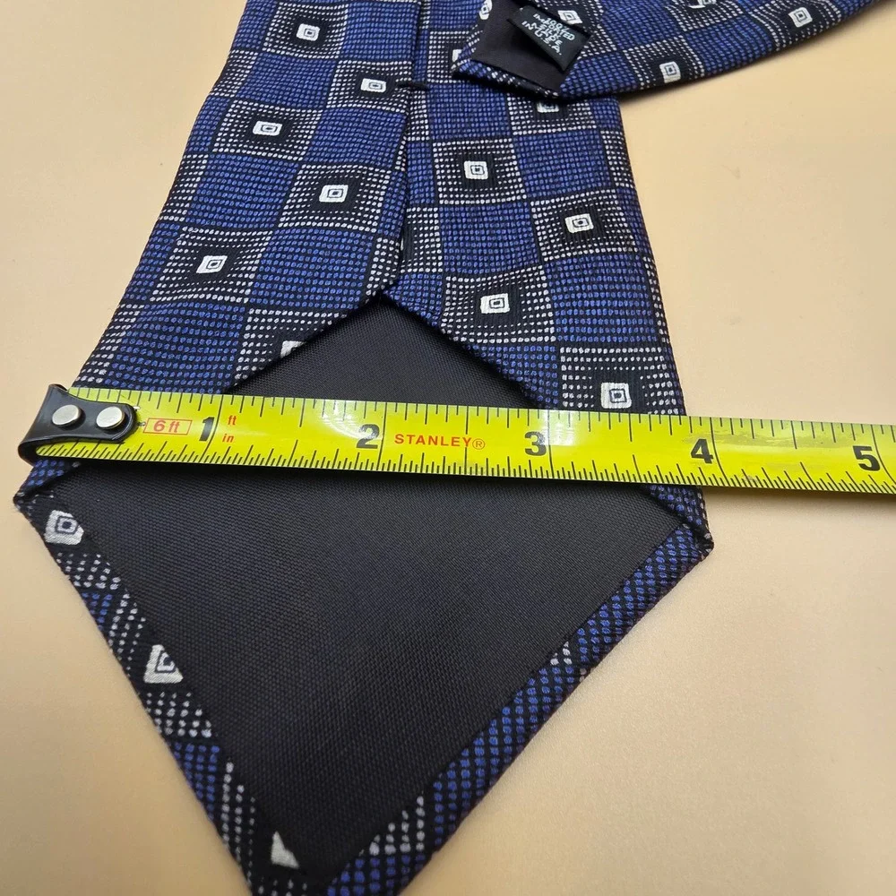 Paco Rabanne Mens Silk Necktie Blue Black Geometric Square Pattern Made in USA